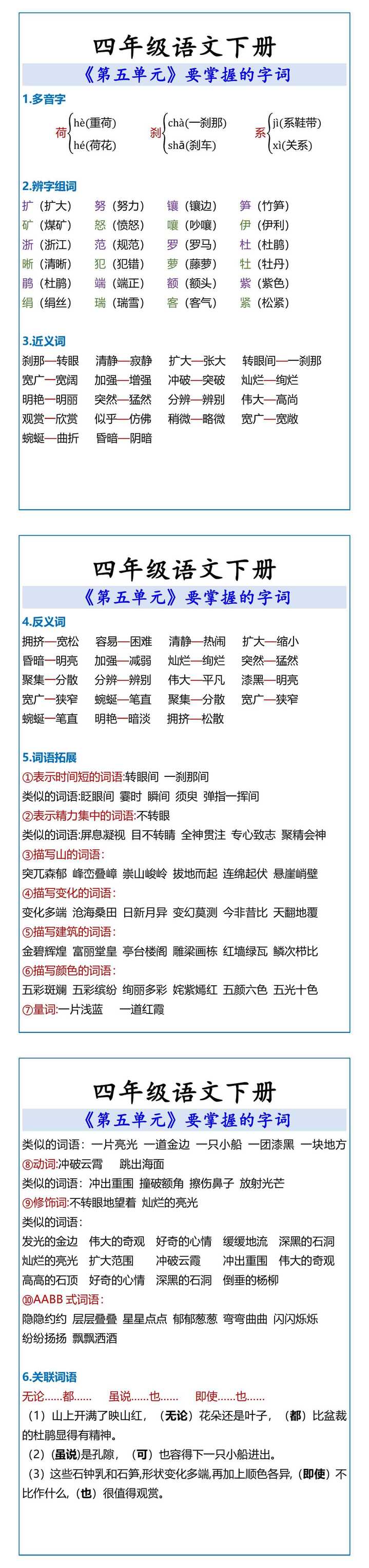 四年级语文下册 《第五单元》要掌握的字词
