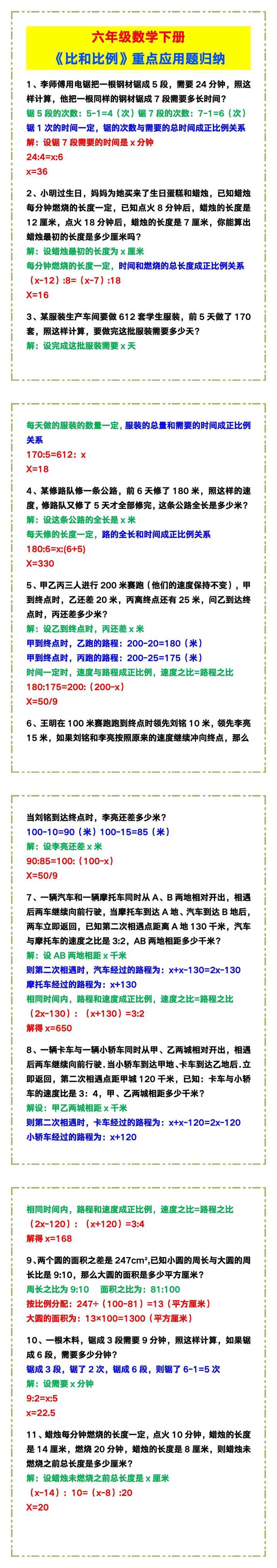 六年级数学下册《比和比例》重点应用题！