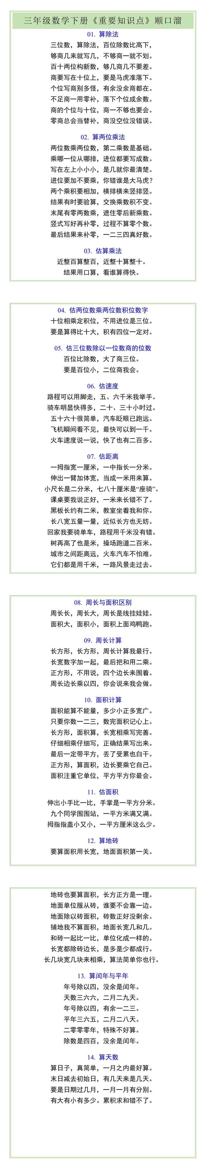 三年级数学下册《重要知识点》顺口溜
