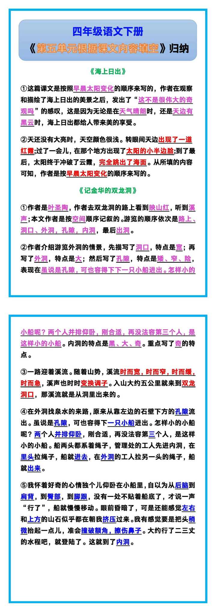 四年级语文下册《第五单元根据课文内容填空》学习收藏！