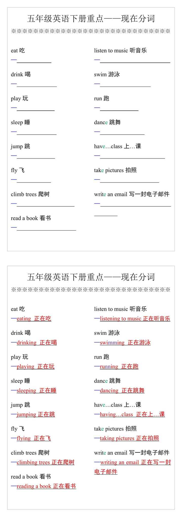 五年级英语下册重点——现在分词