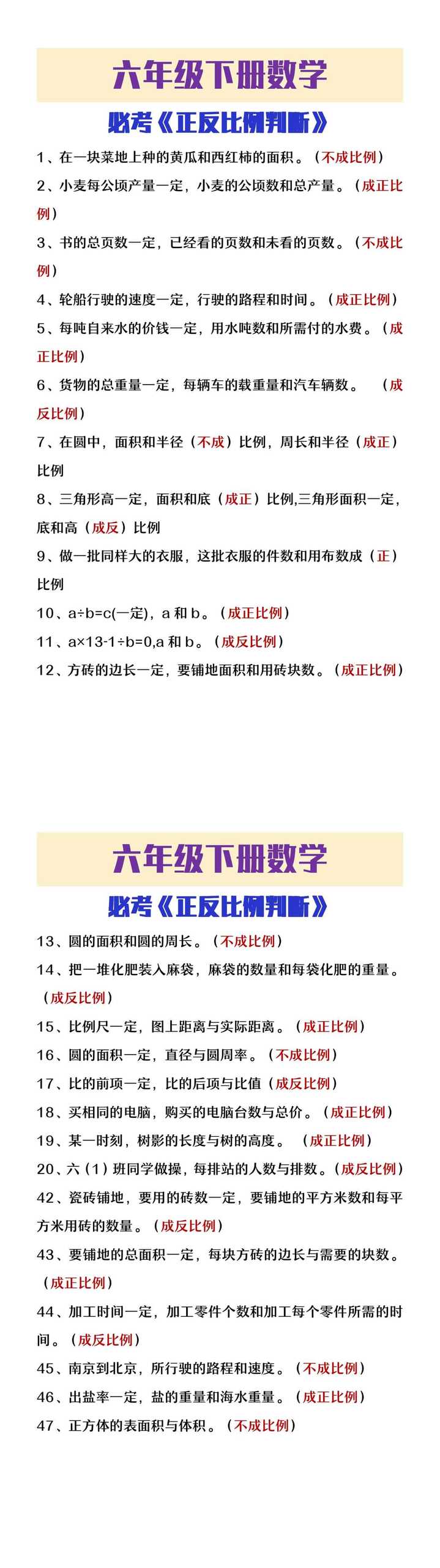 六年级下册数学必考正反比例判断题
