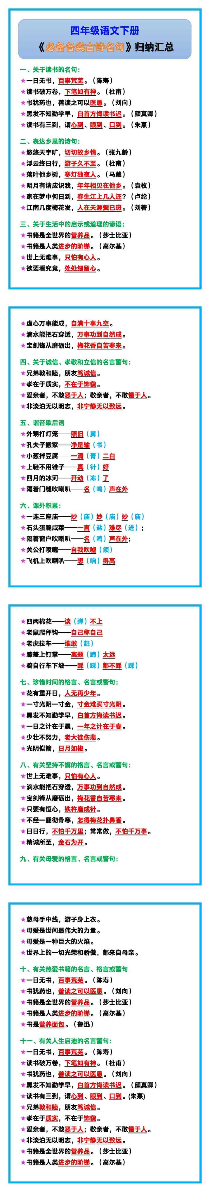 四年级语文下册《必备各类古诗名句》归纳汇总！