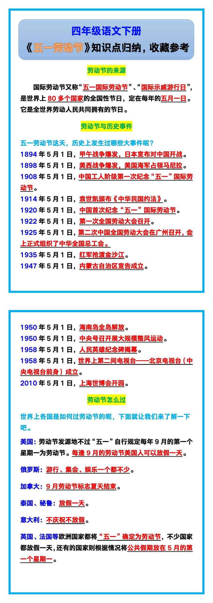 四年级语文下册《五一劳动节》知识点归纳，收藏参考！