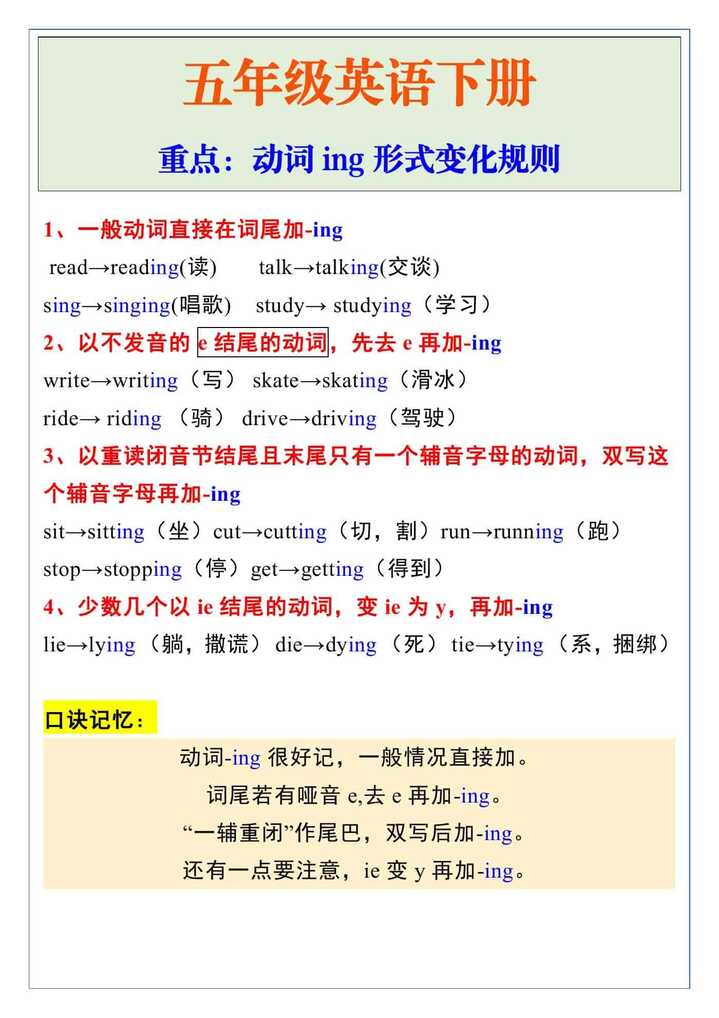 五年级英语下册动词ing形式变化规则
