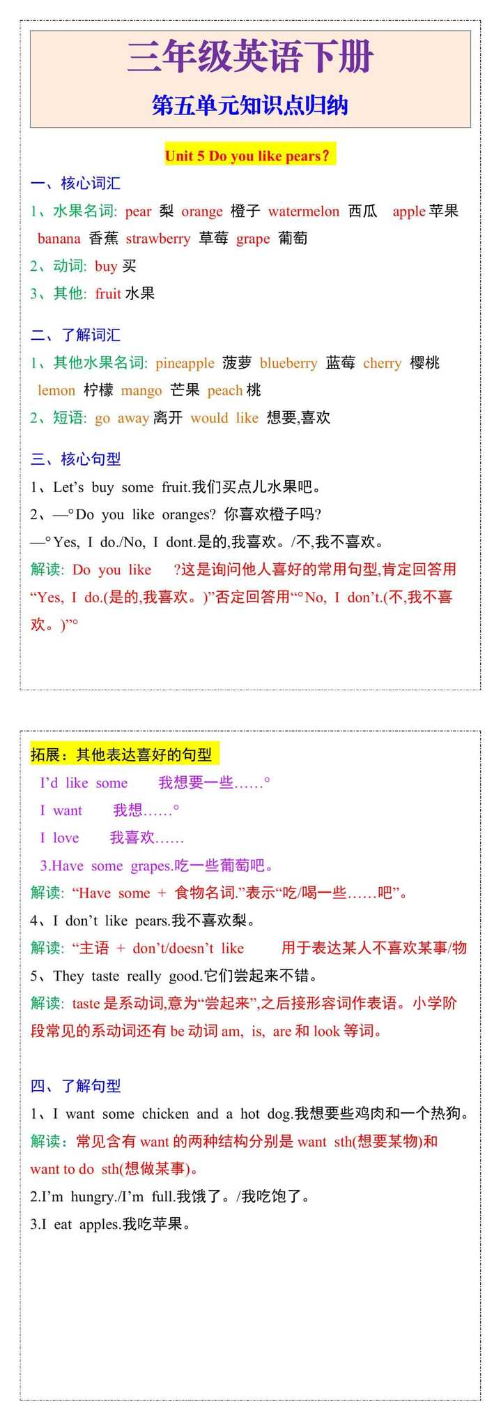 三年级英语下册第五单元知识点归纳
