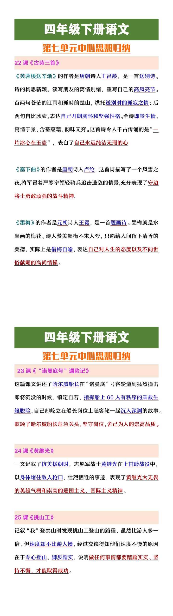 四年级下册语文第七单元中心思想归纳