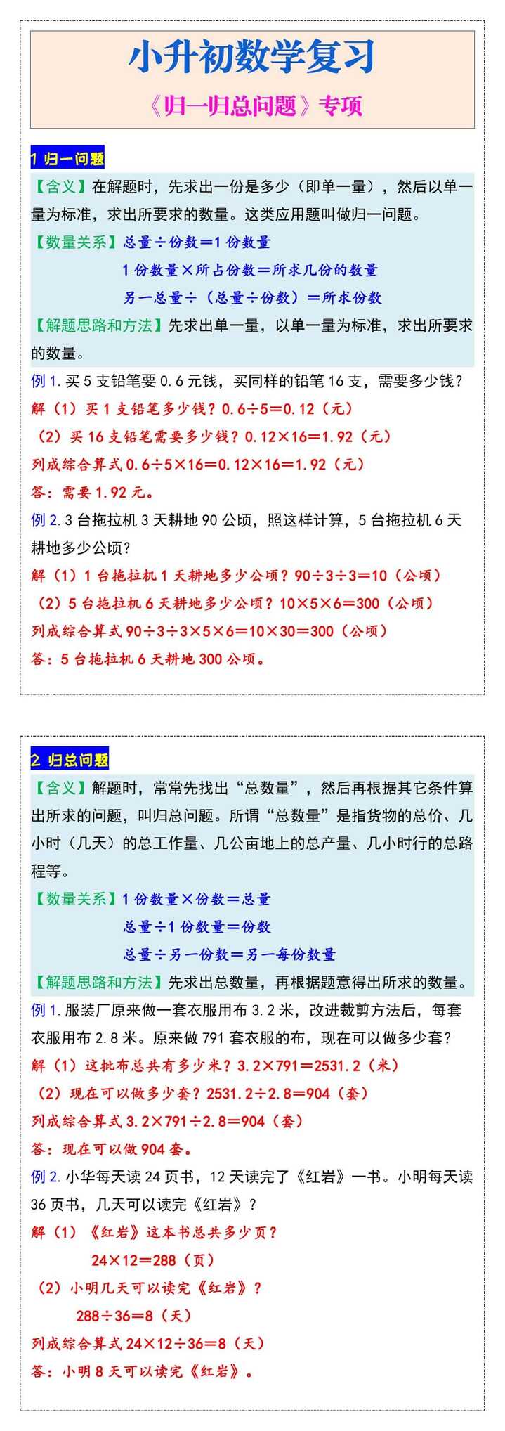 小升初数学复习《归一归总问题》专项