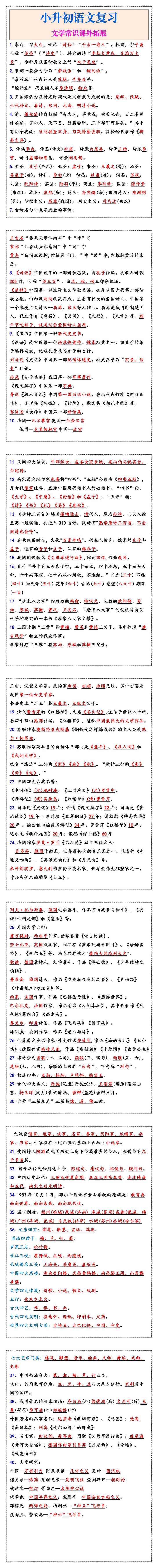 小升初语文复习文学常识课外拓展