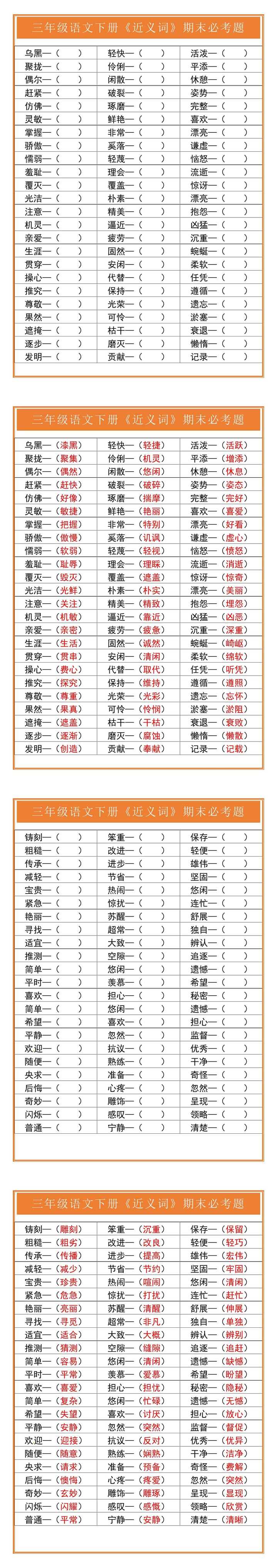 三年级语文下册《近义词》期末必考题