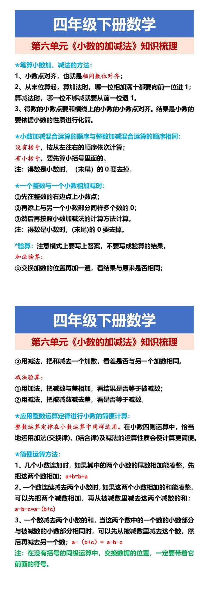四年级下册数学 第六单元《小数的加减法》知识梳理