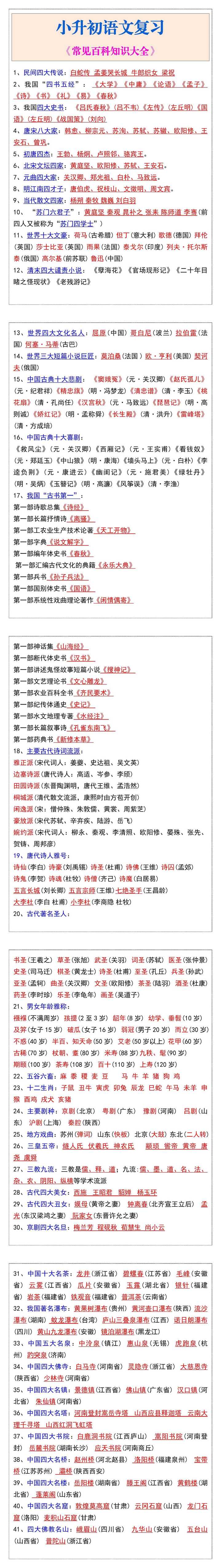 小升初语文复习《常见百科知识大全》