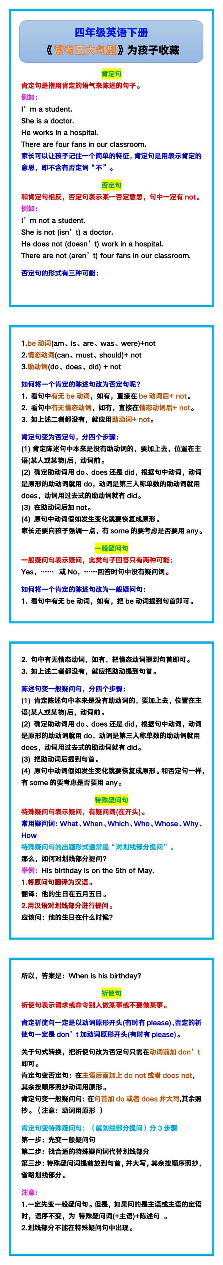 四年级英语下册《常考五大句型》，为孩子收藏！