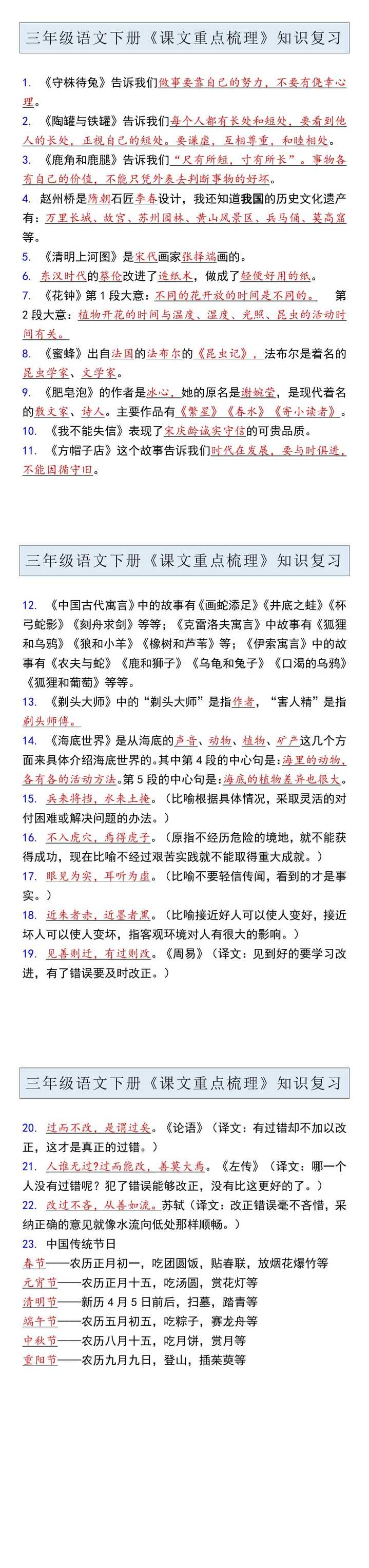 三年级语文下册《课文重点梳理》知识复习