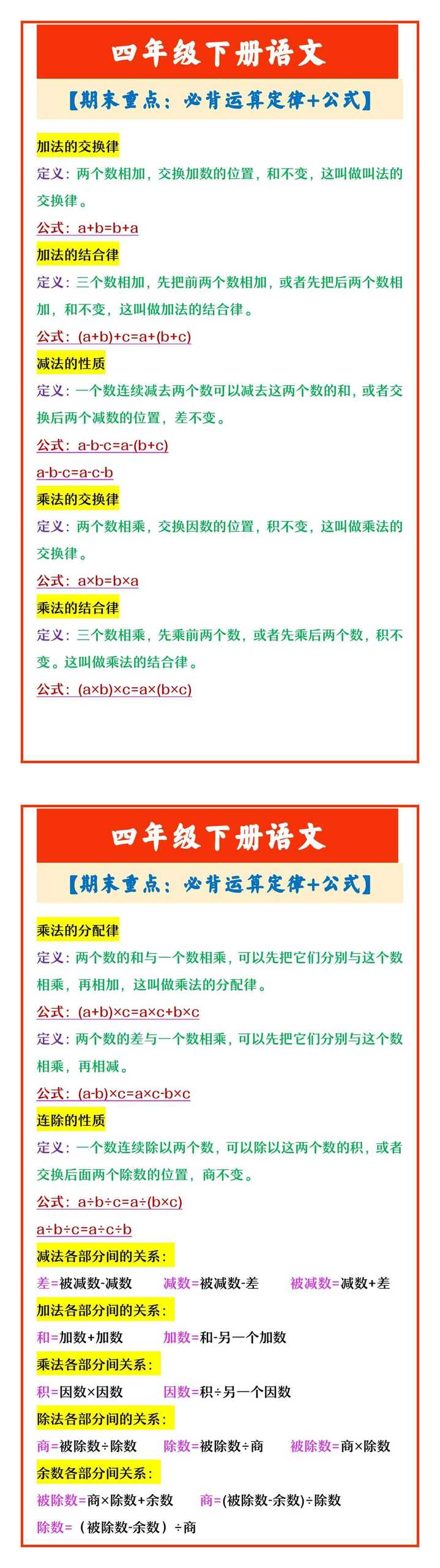 四年级下册数学 【期末重点：必背运算定律+公式】