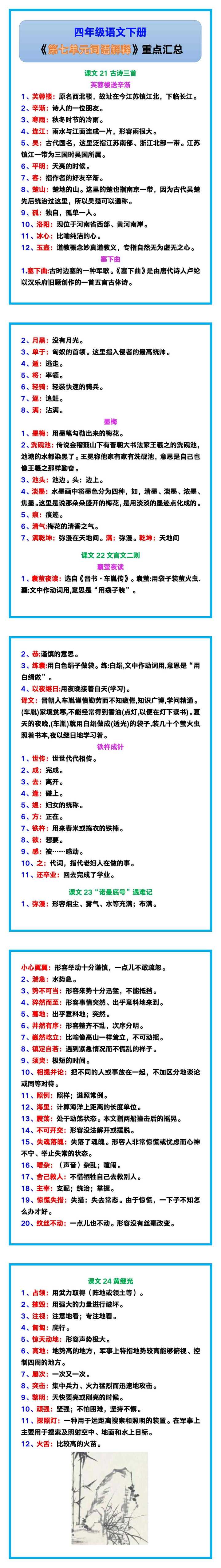 四年级语文下册《第七单元词语解释》重点汇总！
