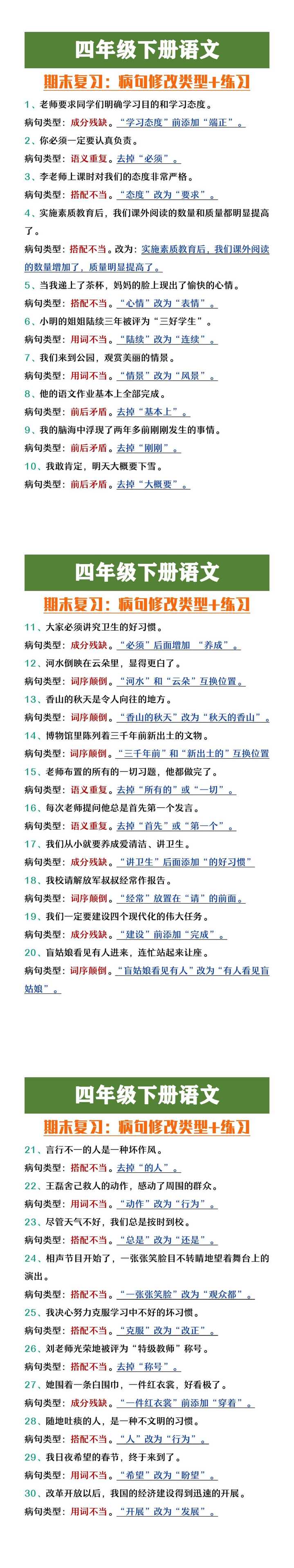 四年级下册语文病句修改类型+练习