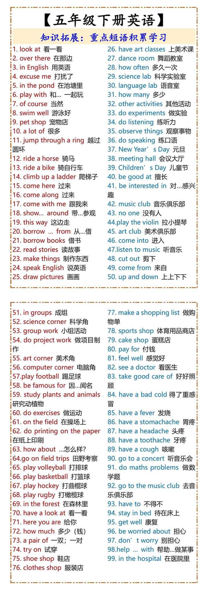 【五年级下册英语】重点短语积累学习