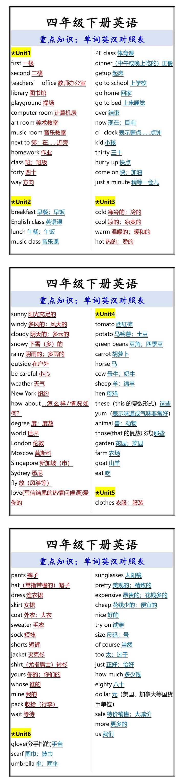 四年级下册英语 重点知识：单词英汉对照表
