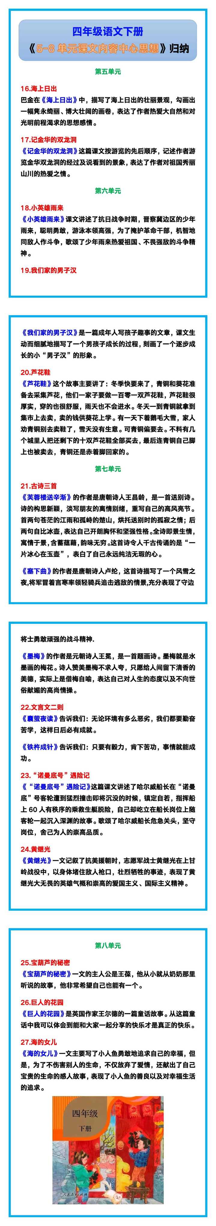 四年级语文下册《5-8单元课文内容中心思想》归纳汇总！