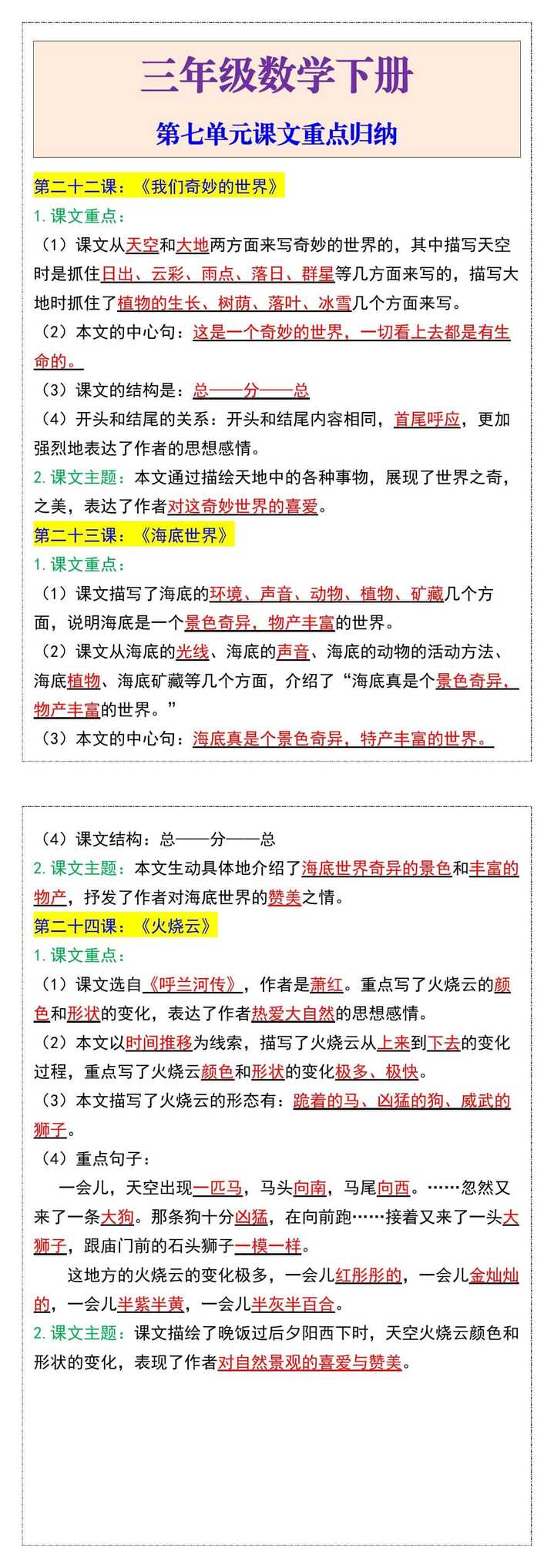 三年级语文下册第七单元课文重点归纳