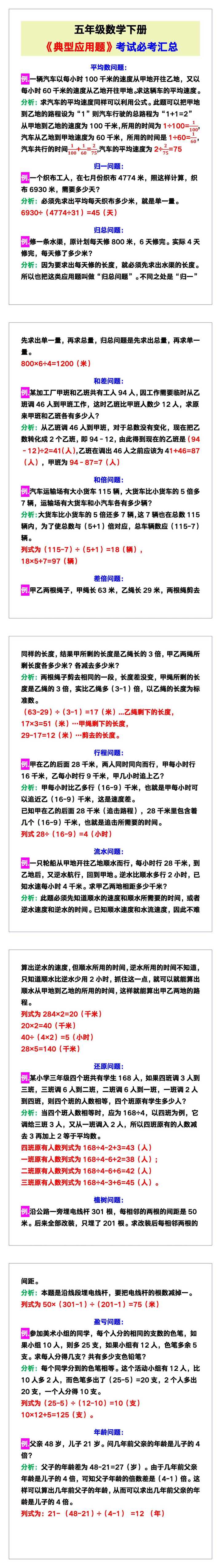 五年级数学下册《典型应用题》，考试必考汇总！