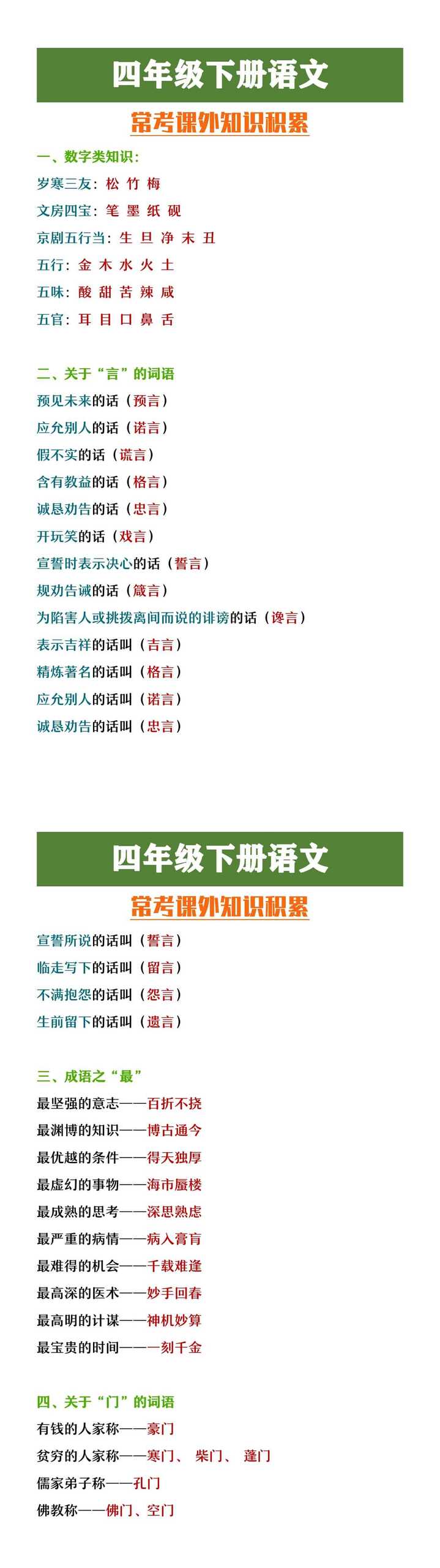 四年级下册语文常考课外知识积累