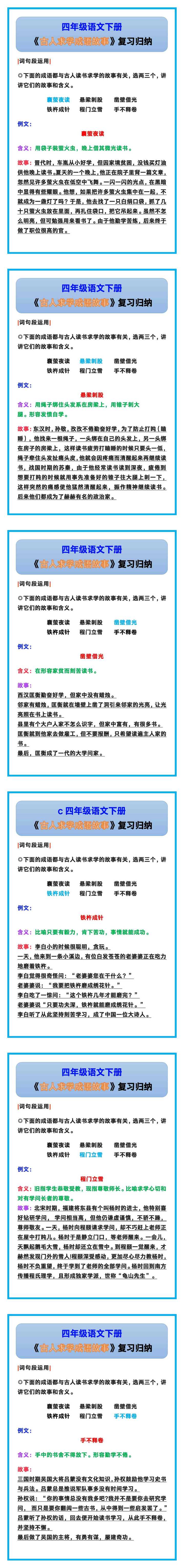 四年级语文下册《古人求学成语故事》复习归纳！