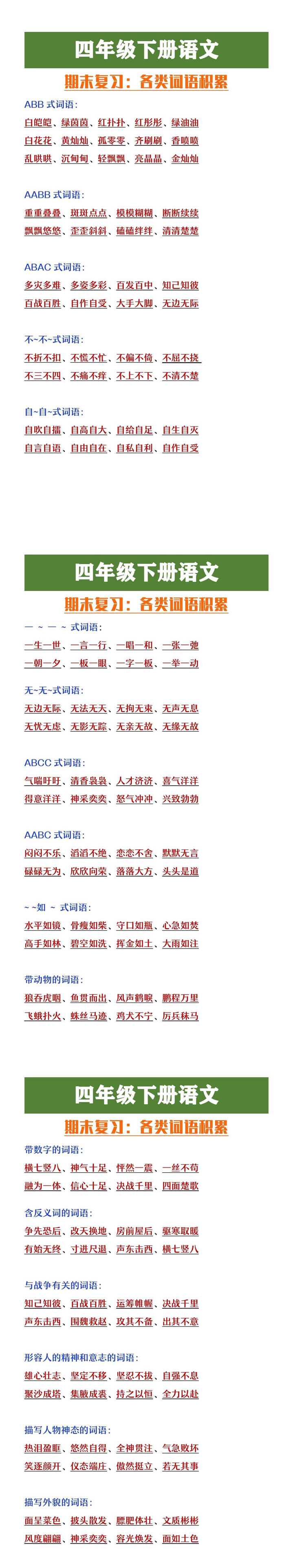 四年级下册语文期末复习各类词语积累