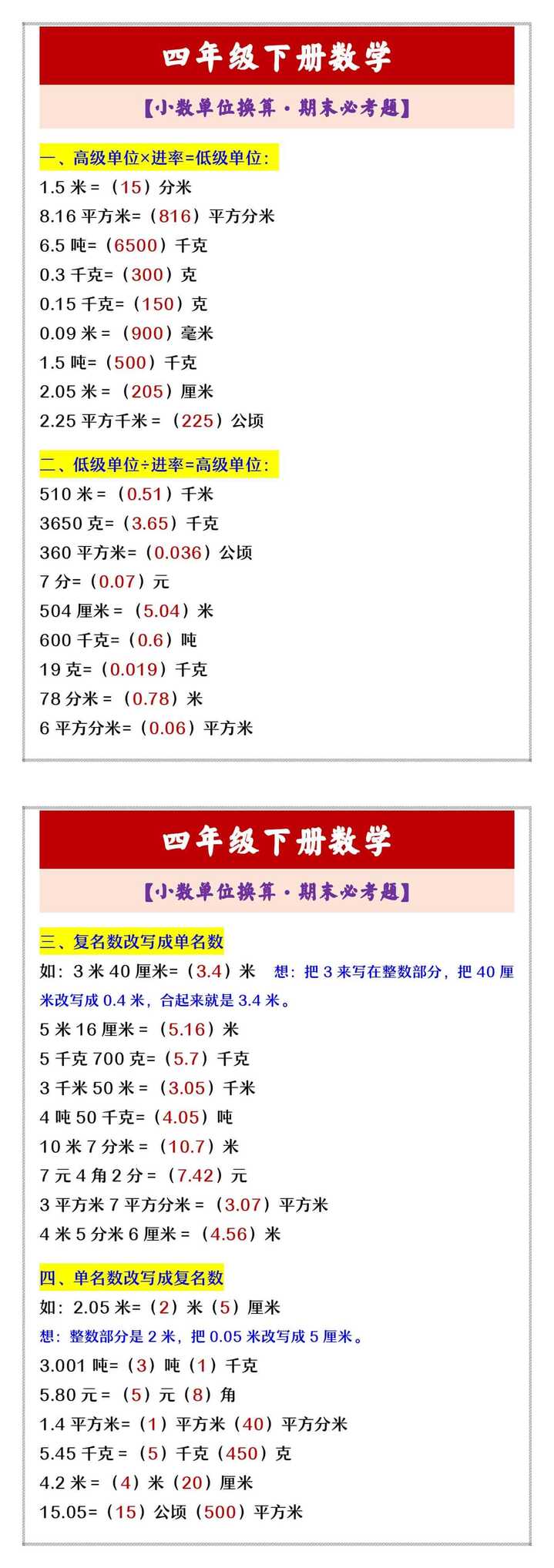 四年级下册数学 【小数单位换算·期末必考题】