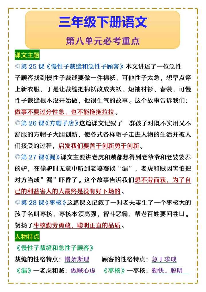 三年级下册语文 第八单元必考重点