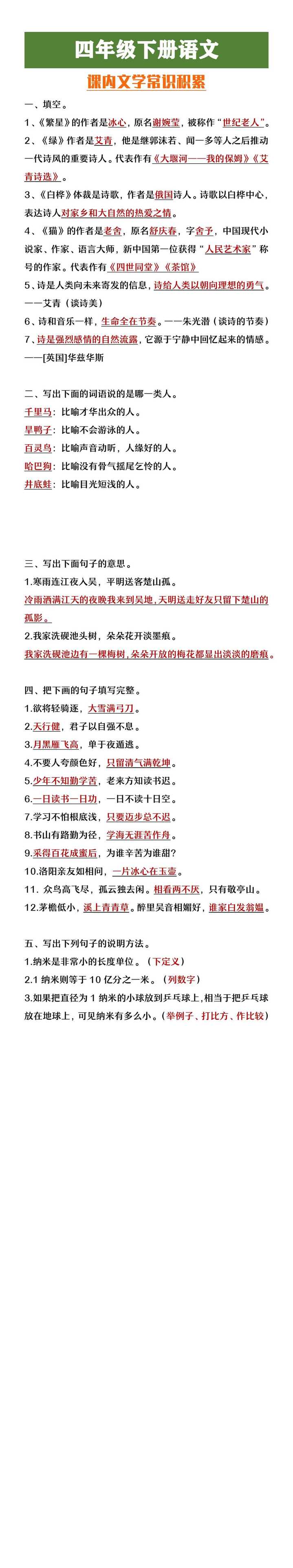 四年级下册语文课内文学常识积累