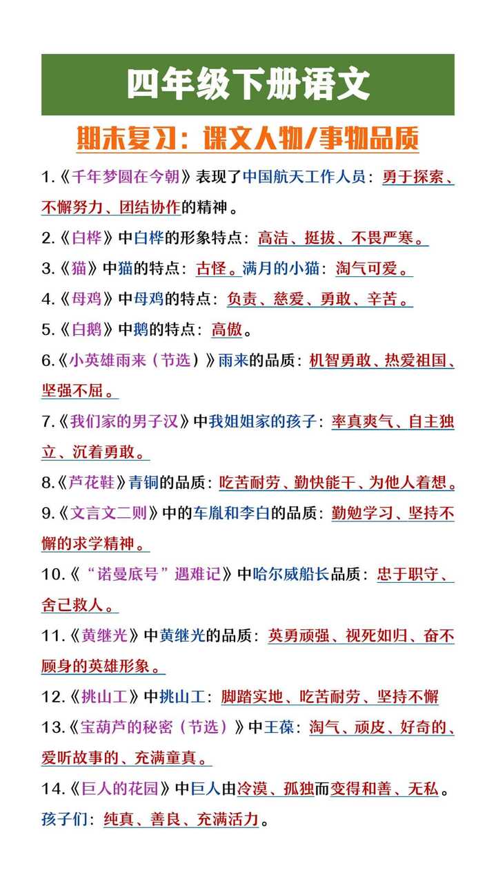 四年级下册语文期末复习人物事物品质