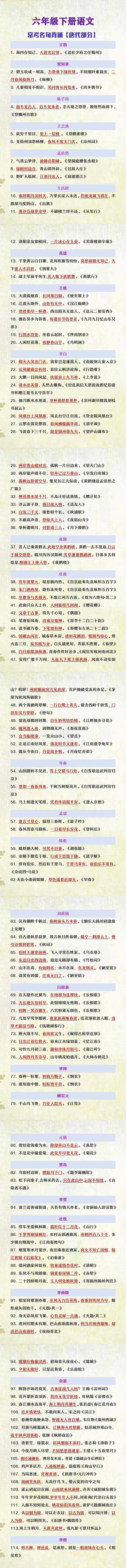 六年级下册语文常考名句背诵《唐代部分》