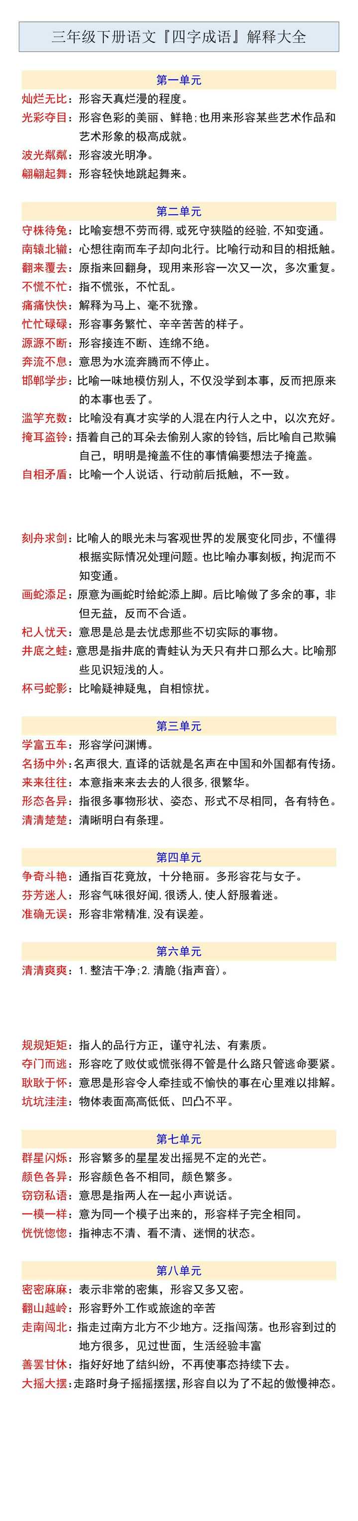 三年级下册语文『四字成语』解释大全