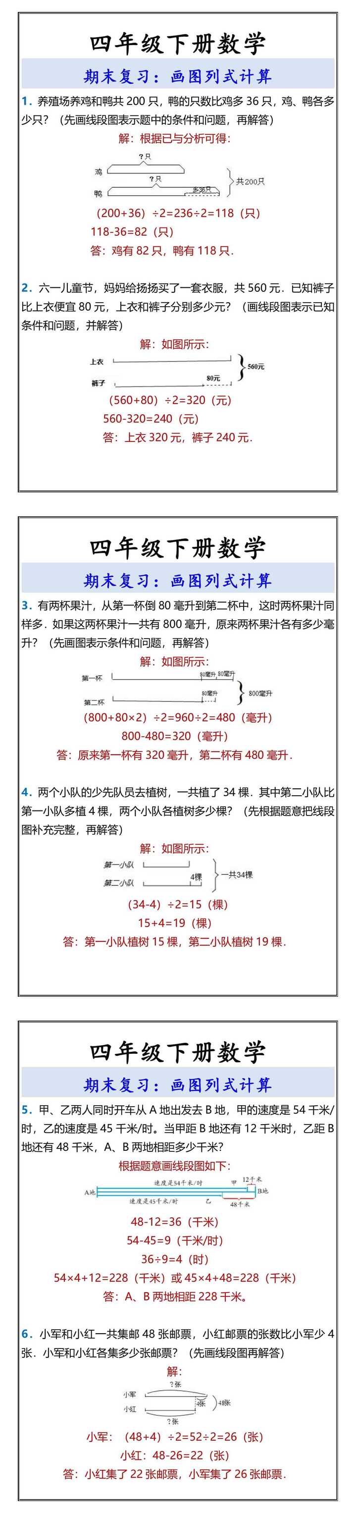 四年级下册数学 期末复习：画图列式计算