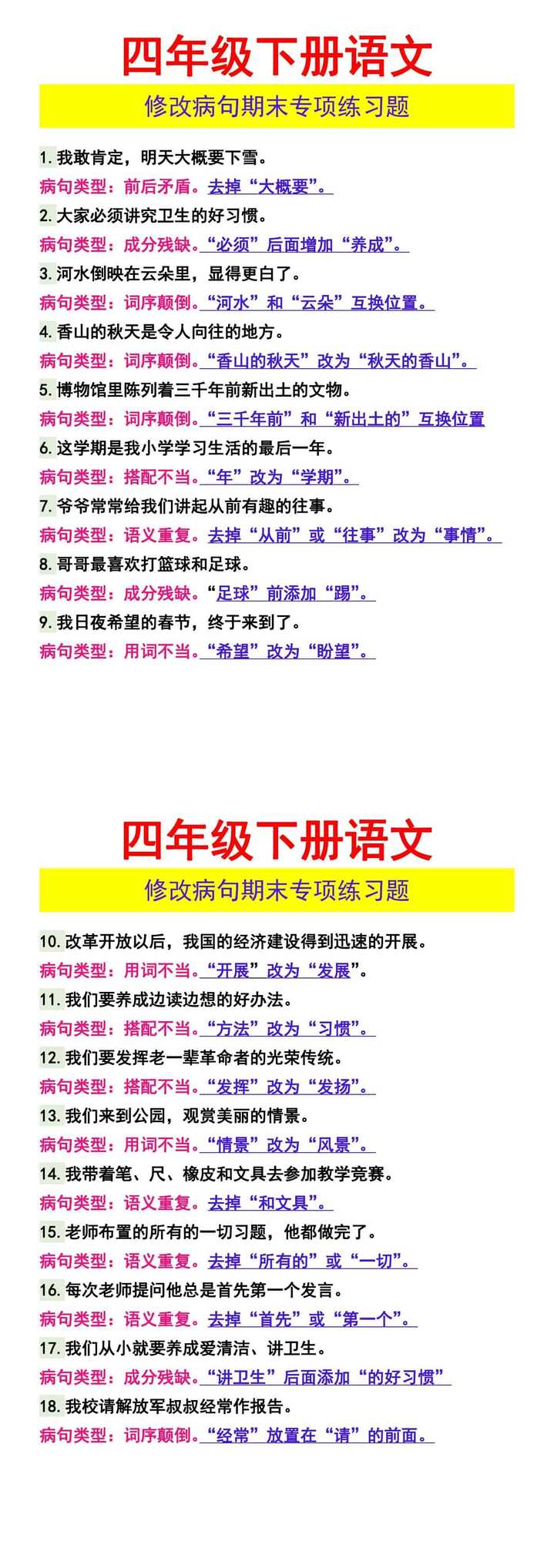 四年级下册语文 修改病句期末专项练习题