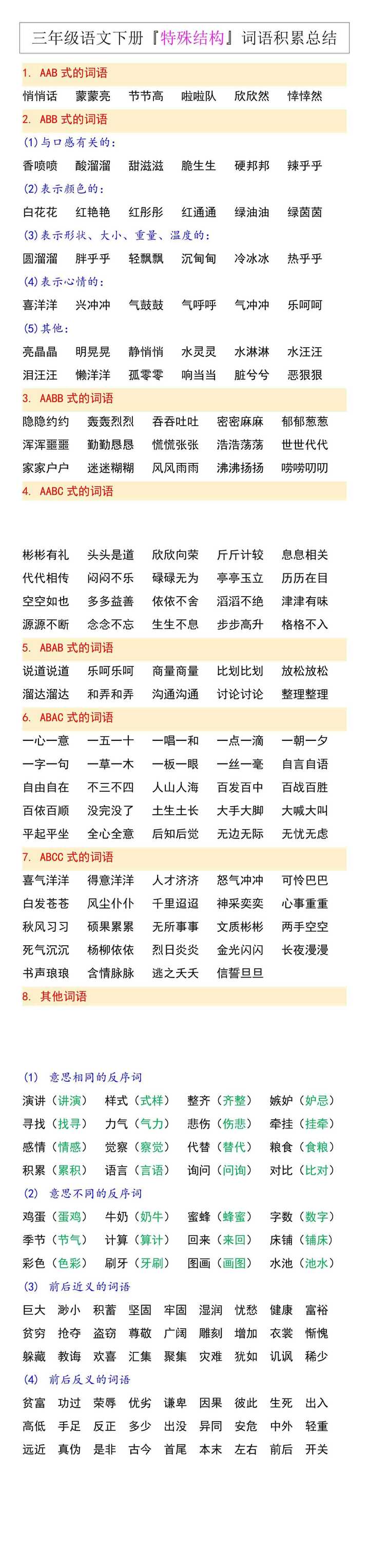 三年级语文下册『特殊结构』词语积累总结