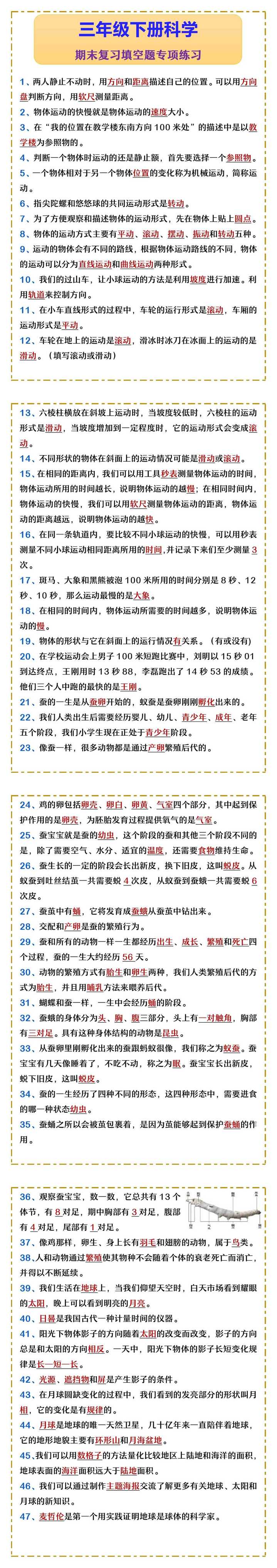三年级下册科学 期末复习填空题专项练习