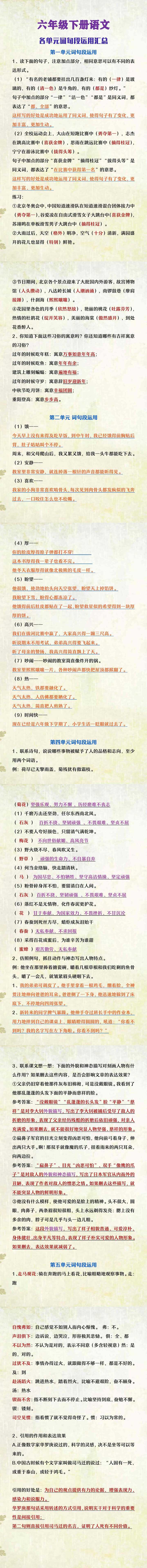 六年级下册语文各单元词句段运用汇总