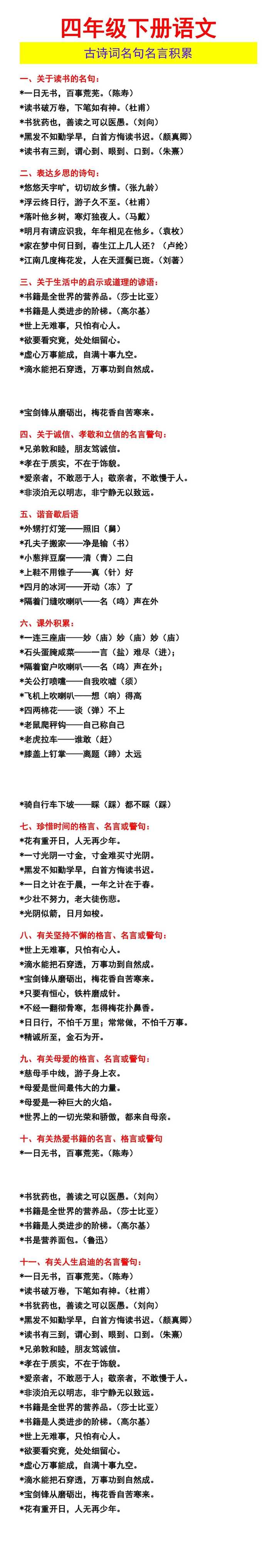 四年级下册语文 古诗词名句名言积累