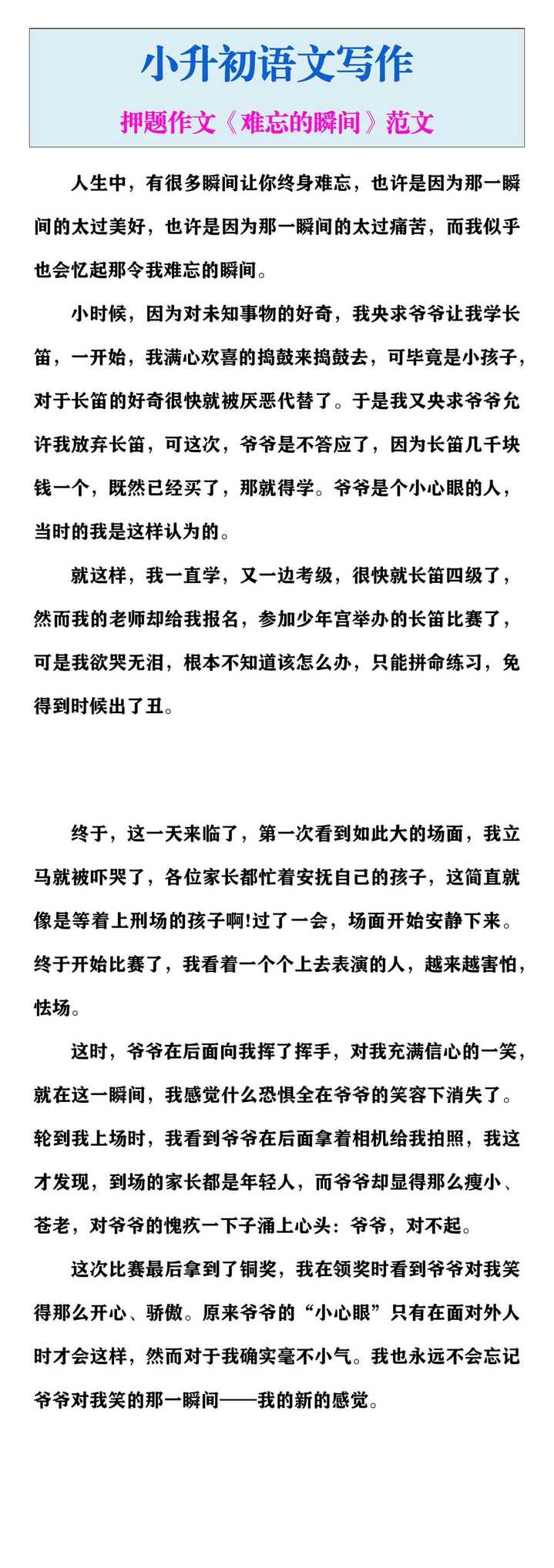 小升初语文押题作文《难忘的瞬间》范文