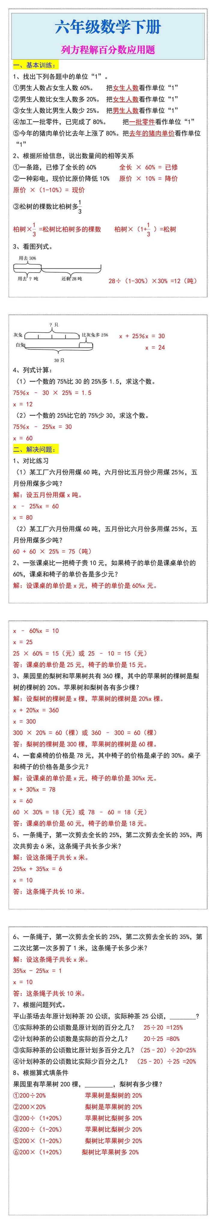 六年级数学下册列方程解百分数应用题