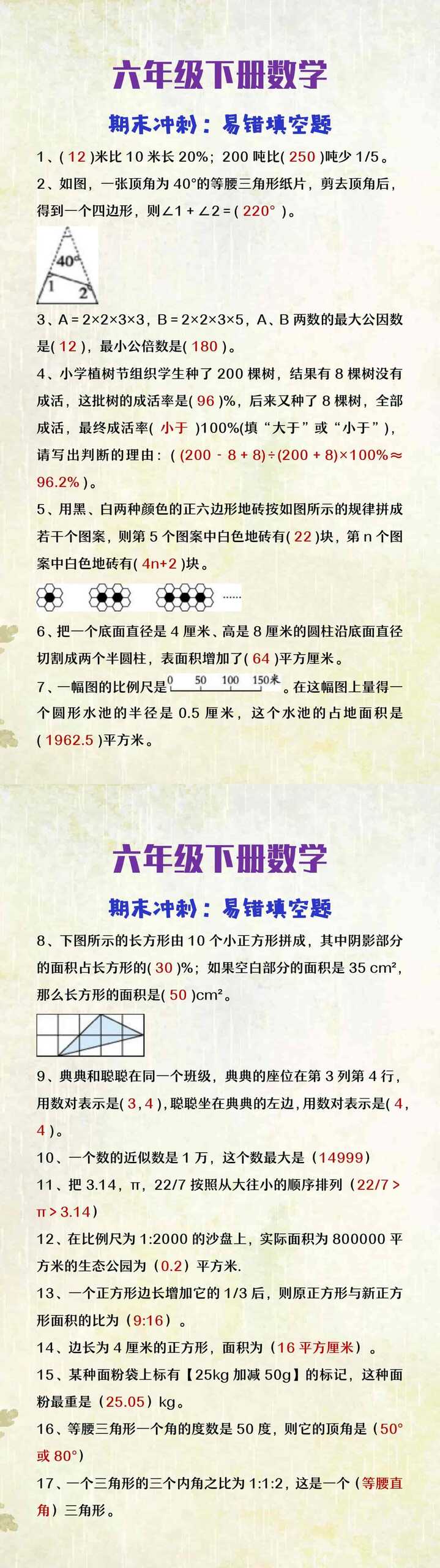 六年级下册数学期末冲刺易错填空题