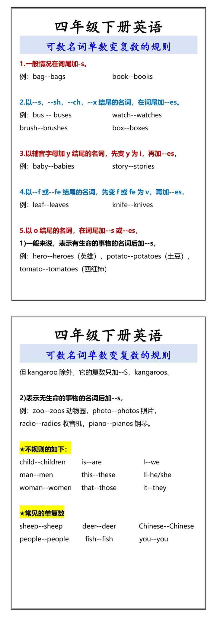 四年级下册可数名词单数变复数的规则