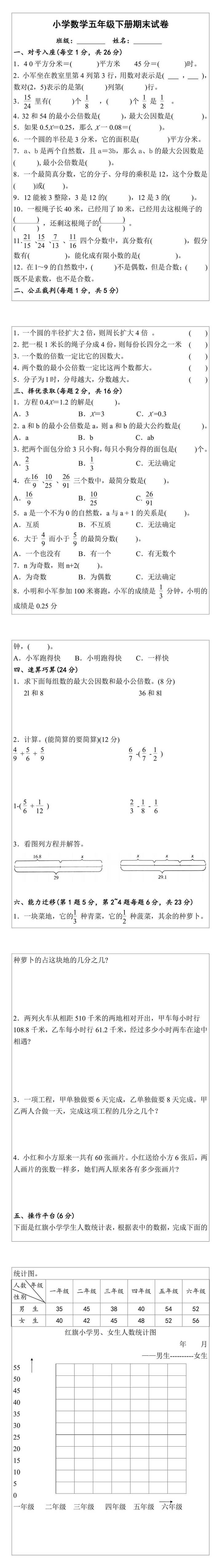 小学数学五年级下册期末试卷