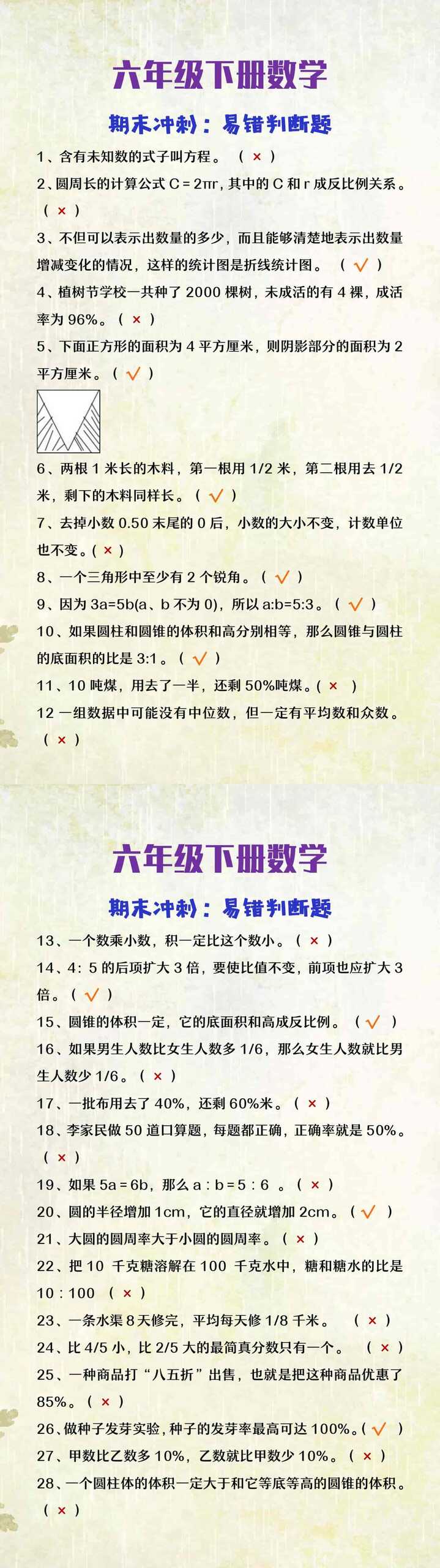 六年级下册数学期末冲刺易错判断题