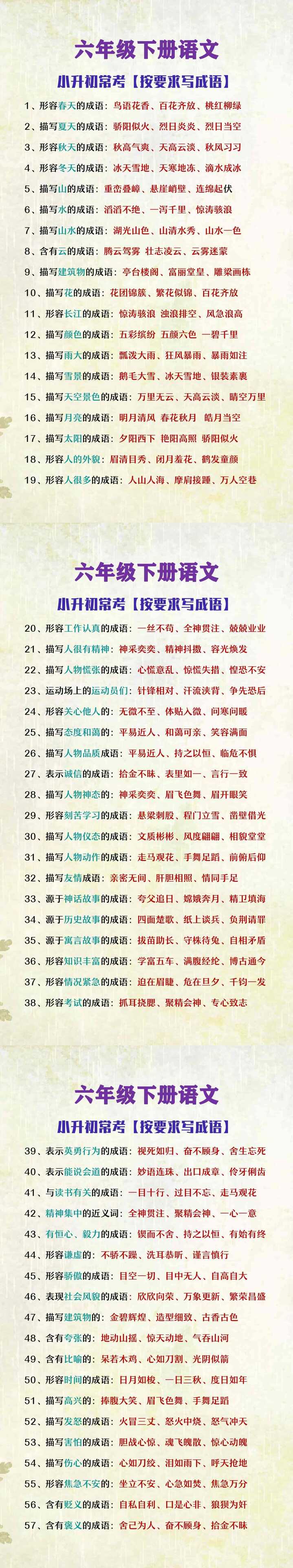 六年级下册语文小升初常考按要求写成语
