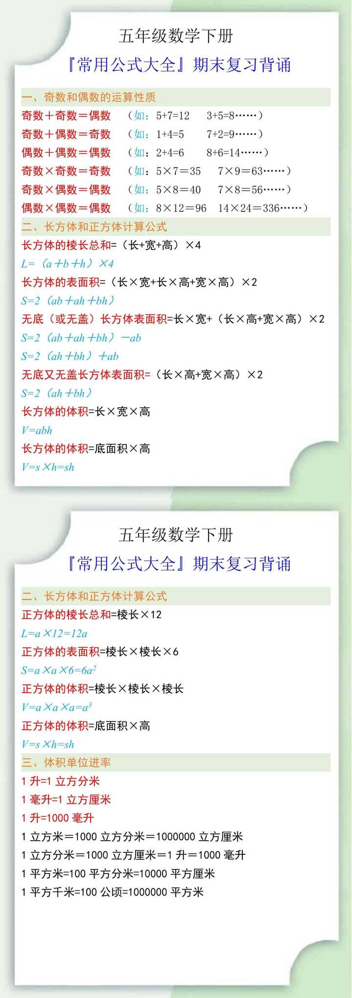 五年级数学下册『常用公式大全』期末复习背诵