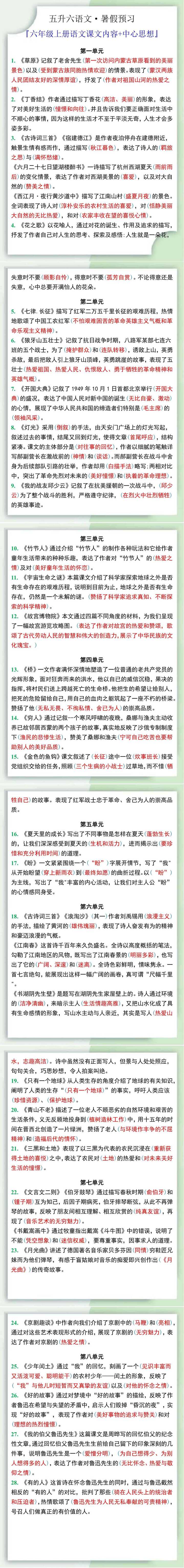 五升六暑假预习，六年级上册语文课文中心思想